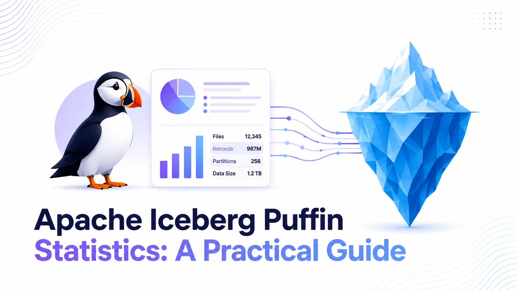 Apache Iceberg Puffin Statistics — a puffin bird beside a statistics dashboard showing file counts, records, partitions, and data size, connected to a geometric iceberg