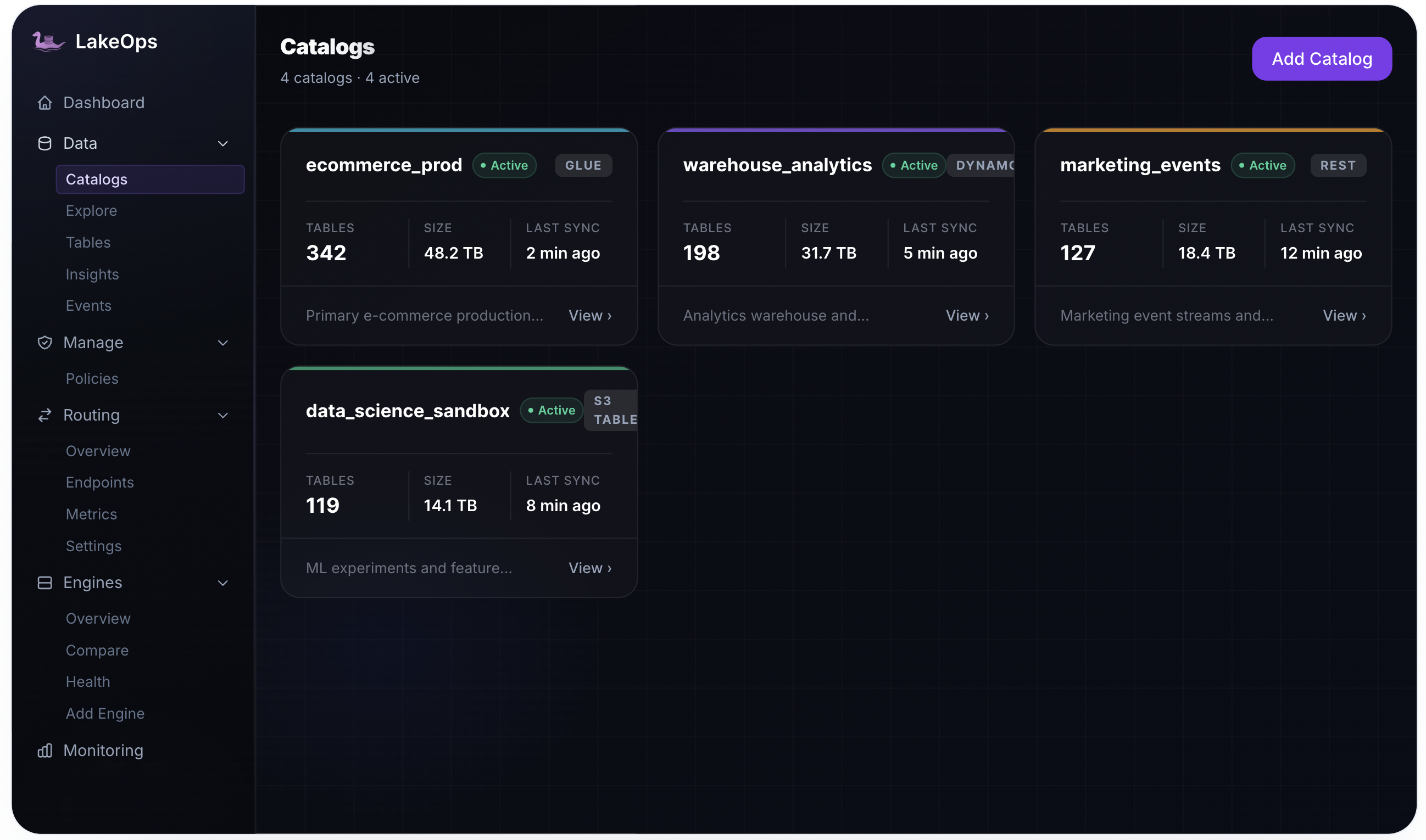 Connected catalogs — Glue, REST, S3 Tables