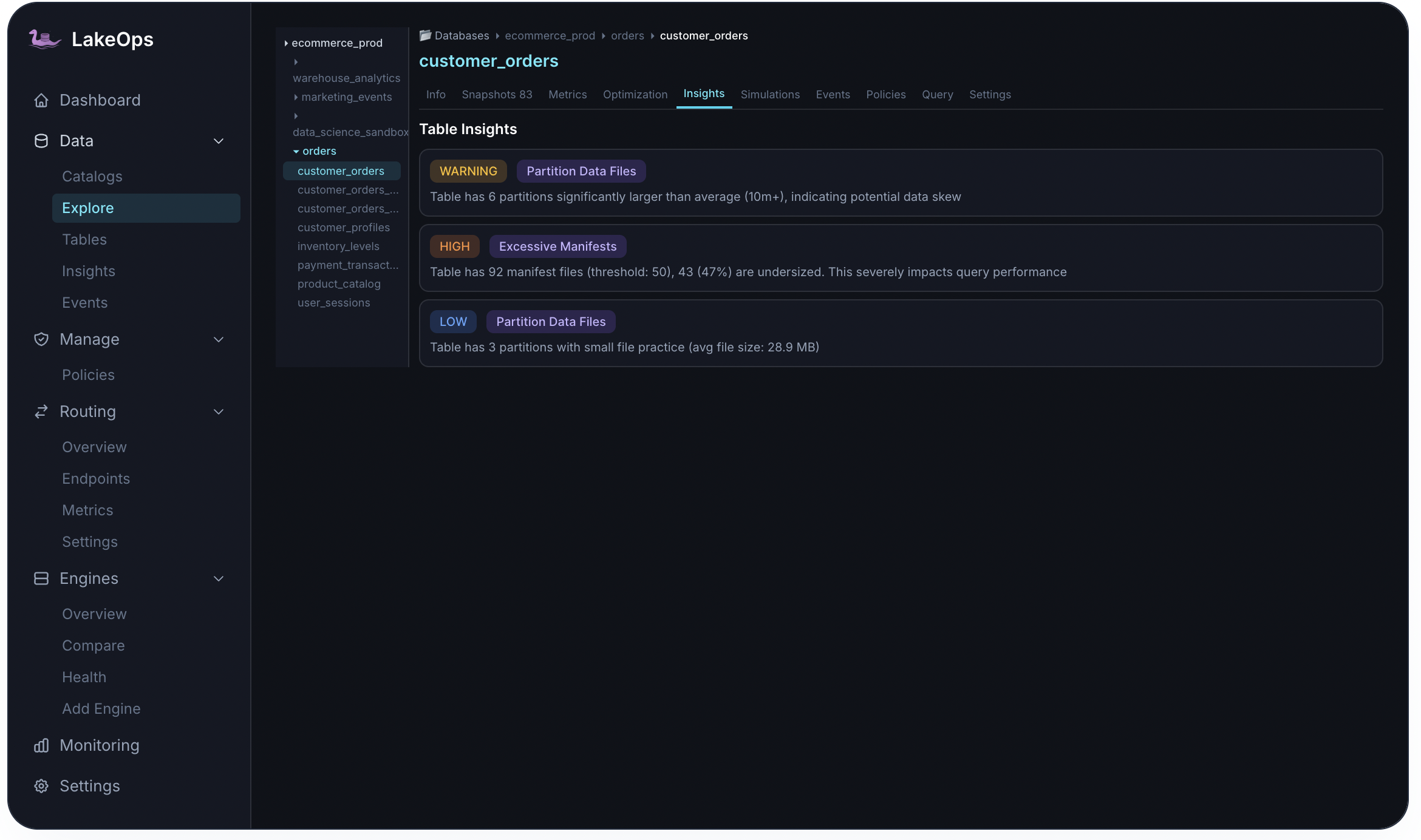 LakeOps table insights — per-table alerts for manifests, partition skew, and small files